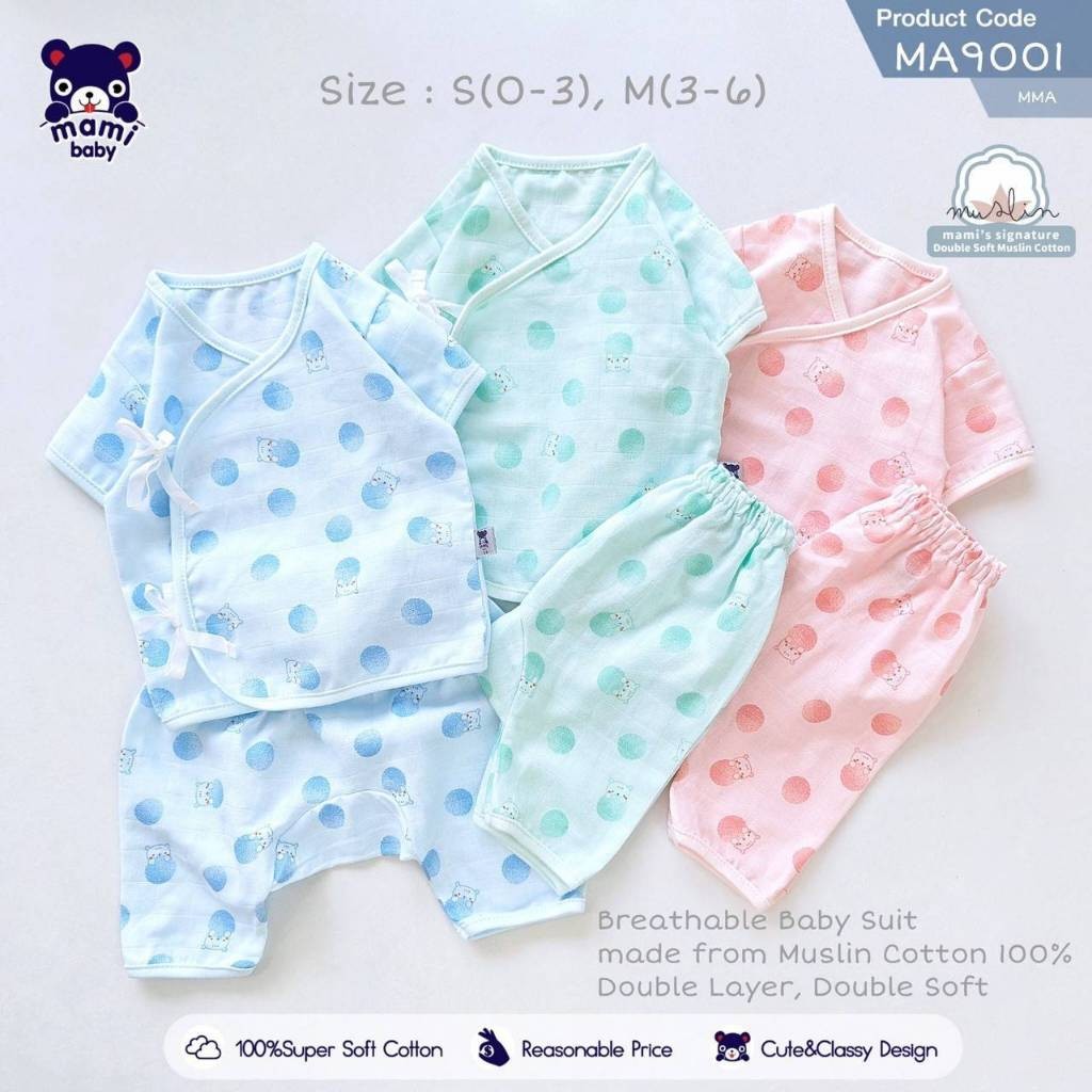 Mami Baby ชุดเด็กเชือกผูกหน้า/กระดุม เสื้อและกางเกงแขนสั้น+แขนยาว ผ้ามัสลิน