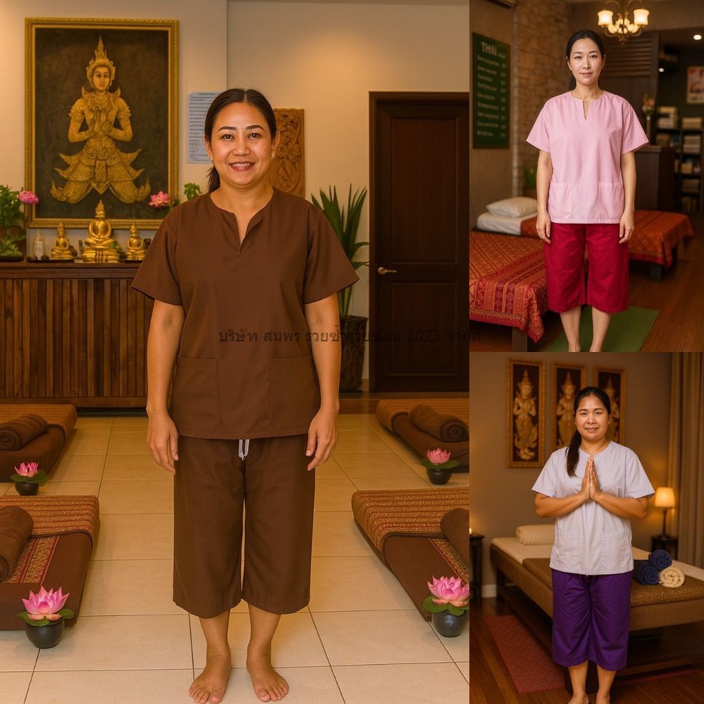 ชุดนวดแบบสวม ชุดสปา ชุดผู้ป่วย เสื้อสีพื้น + กางเกงขาสั้นเอวยางยืดไซซ์ M–4XL รวมสี พร้อมส่ง