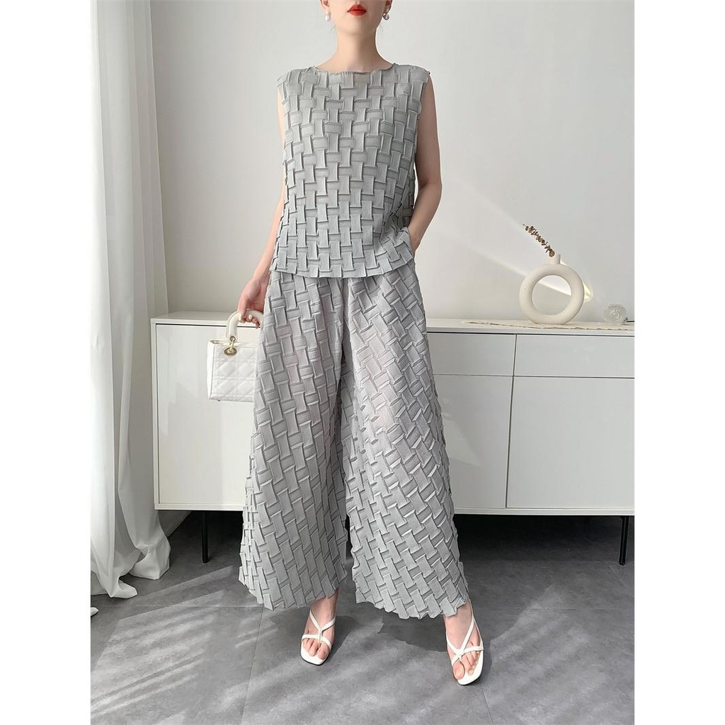 เสื้อผ้าจีบสไตล์ Handmade จีบชุดผู้หญิงฤดูร้อน Top + กางเกงบานสบาย Casual Design Niche เสื้อผ้าผู้หญิง - รูปที่ 5