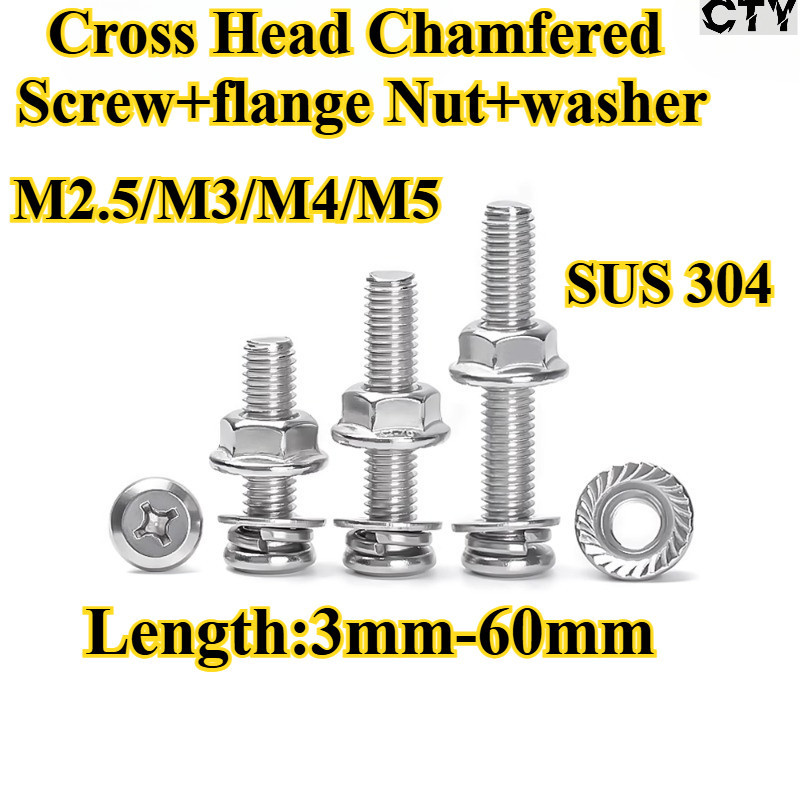 [CTY] SUS304 Cross Head Chamfered Screw+flange Nut+washer Four Piece Combine M2.5/M3/M4/M5 Cross Cha