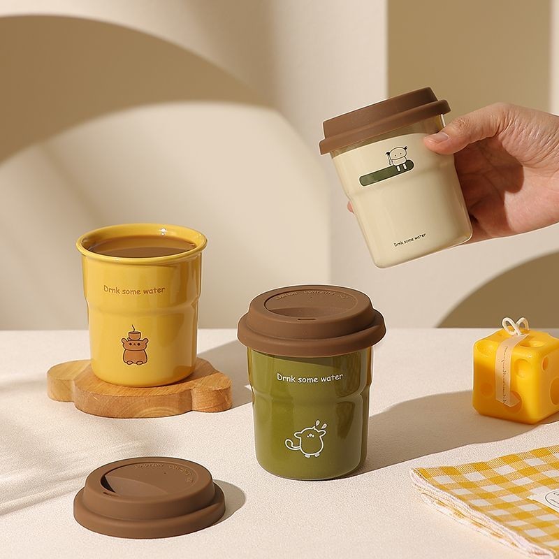 ❤Molly Preferred Retro Handy Coffee Cup เซรามิคมือถ้วย Latte Mug ถ้วยนมฝาซิลิโคนถ้วยเซรามิคไมโครเวฟม
