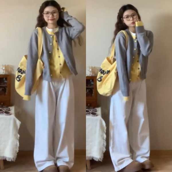 sweater set sculptor sweater เสื้อคาร์ดิแกนถักสำหรับผู้หญิง ออกแบบเป็นสองชิ้น พลัสลายใหม่สำหรับหน้า 