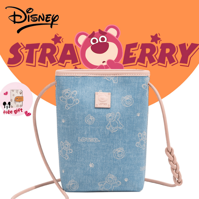 Disney Strawberry Bear Series กระเป๋าสะพายข้างสไตล์หรูหรา ทรงสี่เหลี่ยมเล็ก มัลติฟังก์ชันสำหรับสุภาพสตรี