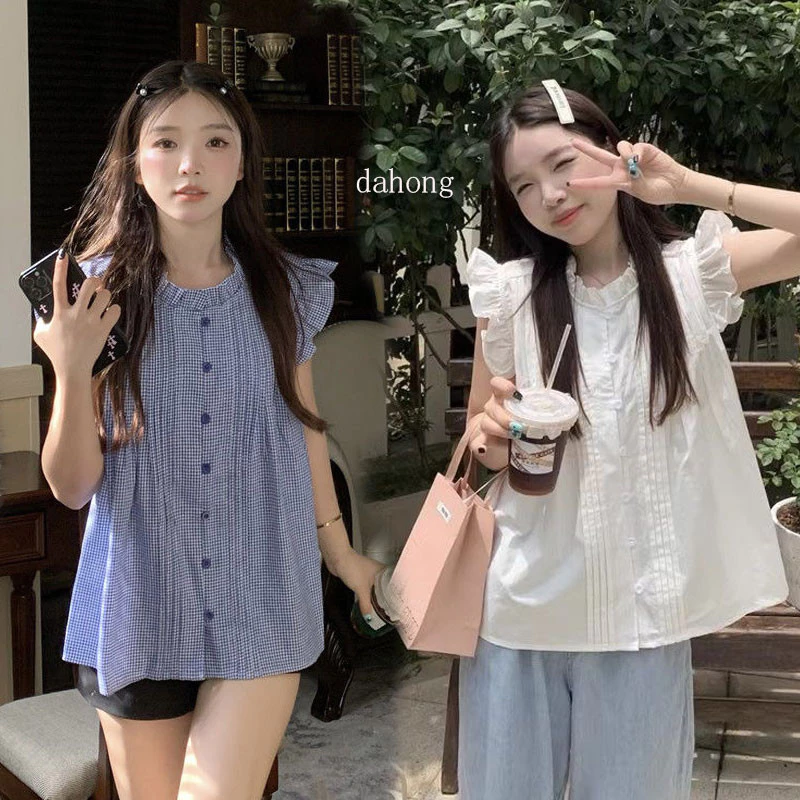 Dahong ⭐️w623 เสื้อแขนตุ๊กตาแขนสั้น ผ้าสก๊อต สีฟ้า สำหรับฤดูใบไม้ผลิ/ฤดูร้อน