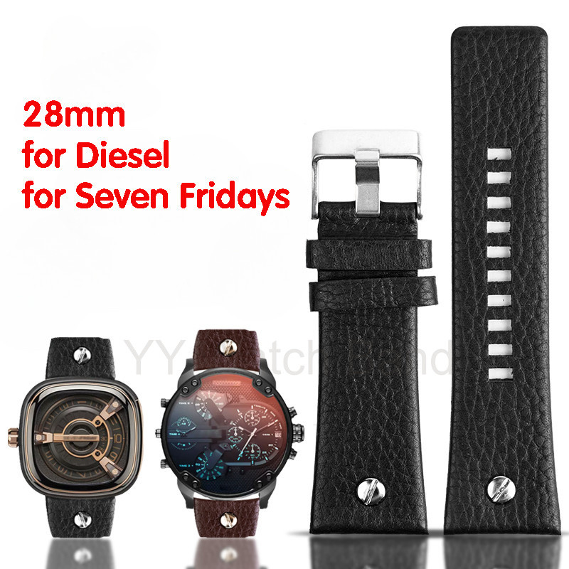 28 มม.สําหรับ Seven Friday P1 Q2/03/M2/M021 T2 นาฬิกาหนังแท้ Vintage ดีเซลขนาดใหญ่โลหะ Riveted สร้อย