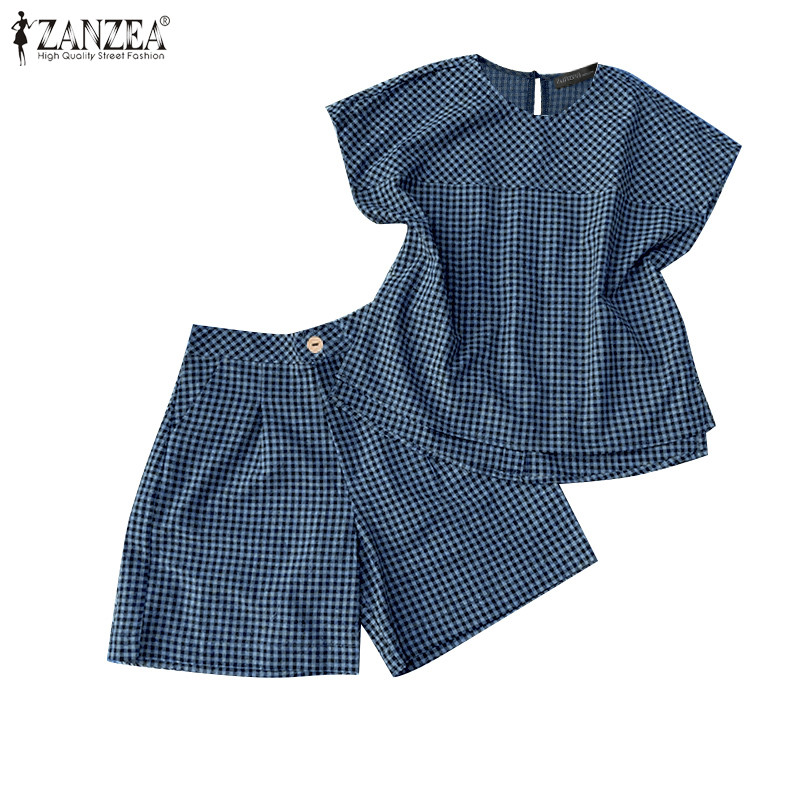 ZANZEA ซานเซีย ผู้หญิงท็อปส์ลายสก๊อตคอกลมทุกวันเกาหลีและกางเกงขาสั้นหลวมชุดสองชิ้น