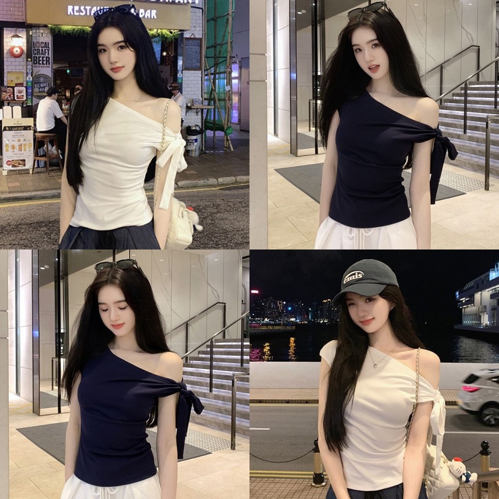 💖Miqi💖เสื้อยืด สีพื้น ปาดไหล่ สายข้าง แขนสั้น ผ้าไหมพรม เสื้อครอป สไตล์เกาหลี แฟชั่น น่ารัก#Y9835