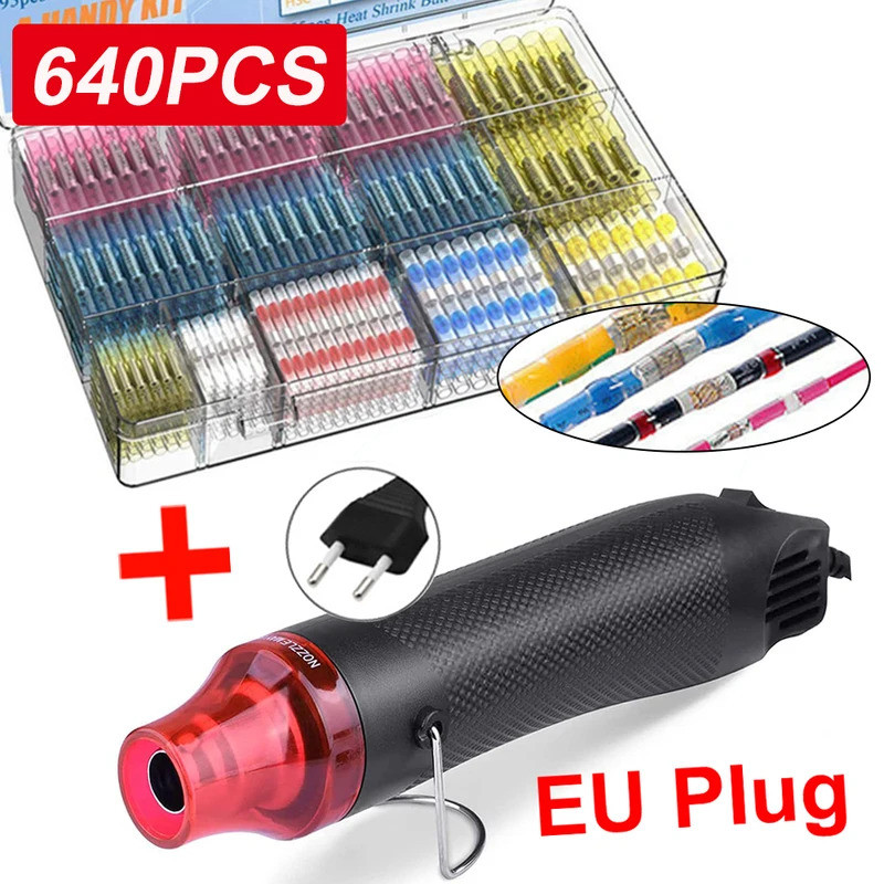 640/250PCS กันน้ําความร้อนหดก้น Crimp Terminals Solder Seal สายไฟสาย Splice Terminal Kit พร้อมปืนลมร้อน