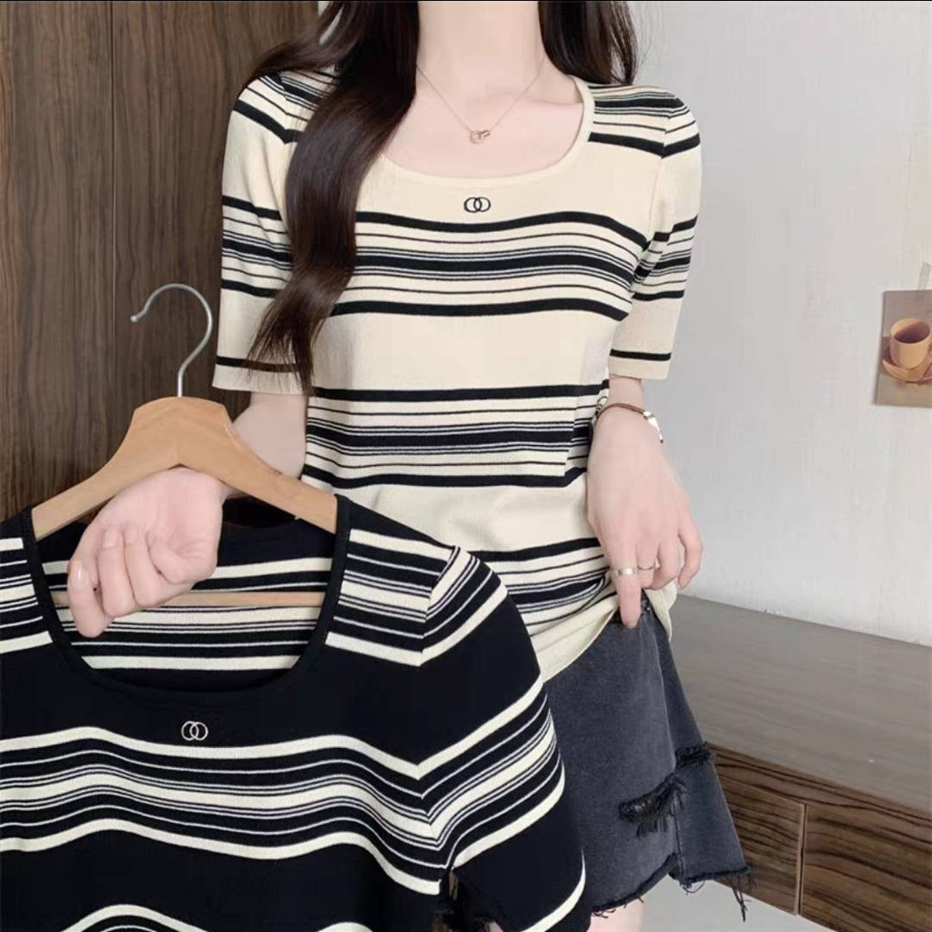 Cynthai 💖💖 เสื้อไหมพรม ลายทาง สีสวย ผ้านิ่มใส่สบาย สไตล์เกาหลี พร้อมส่ง #M654