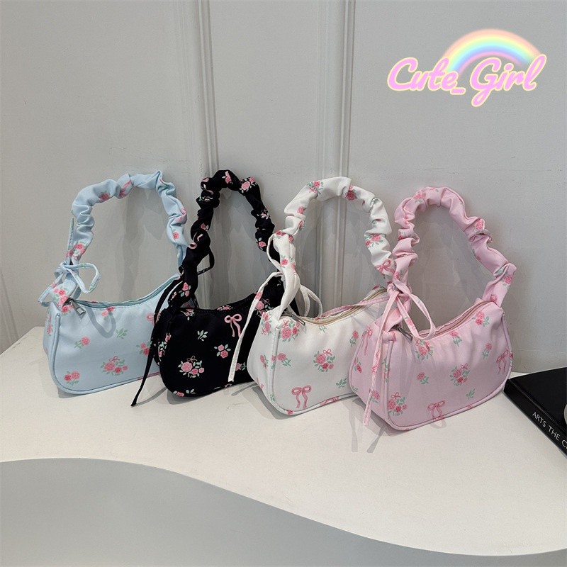 Cute_Girl 🌸🌸 กระเป๋าถือ พิมพ์ลายโบว์ดอกไม้ มีให้เลือก 4 สี การออกแบบด้ามจับแบบจีบ หวานและน่ารัก กระเป๋าถือสวยๆ