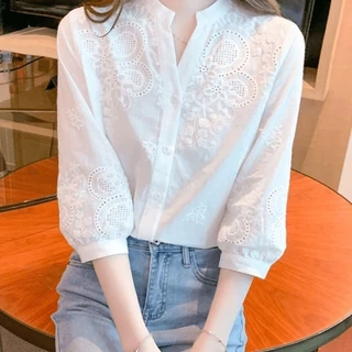 เสื้อเชิ้ตสีทึบผู้หญิง แขนสามส่วน ลายปัก Hollow ทำจากผ้าฝ้ายแท้ สไตล์ย้อนยุค