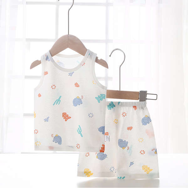 ชุดนอนแขนสั้น ชุดนอนการ์ตูน kiki baby shop ชุดเสื้อกล้ามเด็กฤดูร้อนแบบบางผ้าฝ้ายเด็กแขนกุดกางเกงขาสั