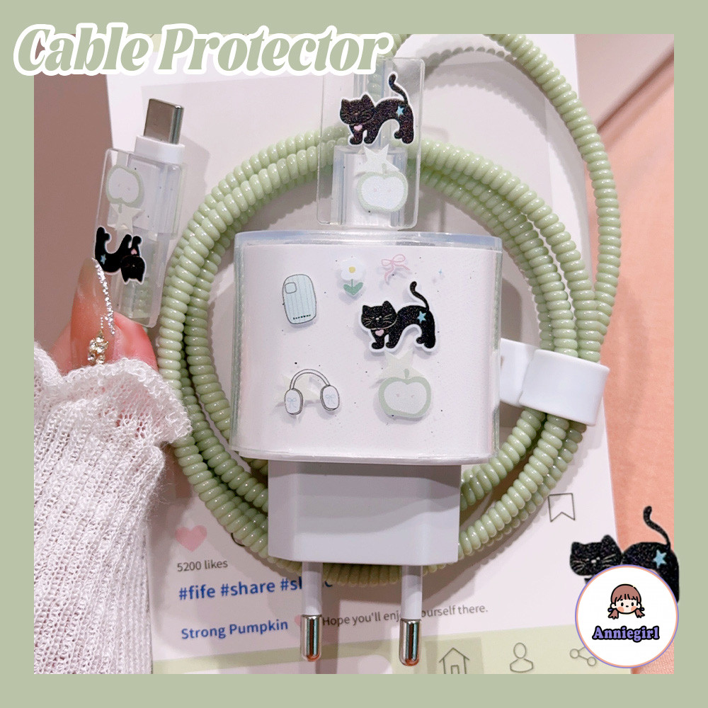 EURO น่ารักแมวดําโปร่งใส Charger Protector สําหรับ Iphone 20W ป้องกันสิ่งสกปรกป้องกันการแตกหัก Data Line Winder ทนต่อการสึกหรอสาย Winder Protector สําหรับ USB/Type-C