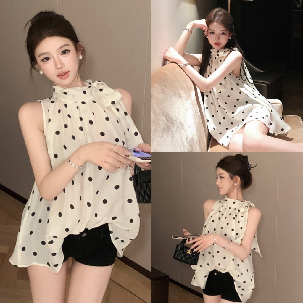 🍬Mary🍬เสื้อกล้าม ลายจุด สีครีม ผ้าซีทรู ผ้านิ่ม ทรงหลวม เสื้อแขนกุด โบฮีเมียน ใส่ไปทะเล#FY2916