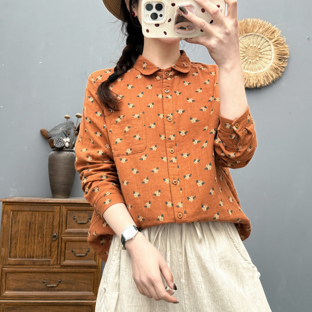เสื้อผู้หญิงผ้าฝ้ายพิมพ์ลายดอก สไตล์วรรณกรรมเกาหลี รุ่นใหม่แฟชั่นลําลอง