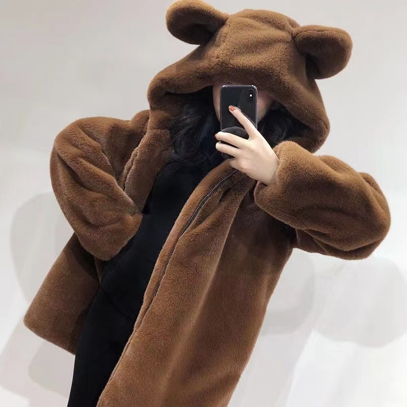 คลุมด้วยผ้าหลวมสำหรับฤดูหนาว ดีไซน์หมีหูหนา สไตล์เสื้อขนสัตว์ อบอุ่นและสบาย