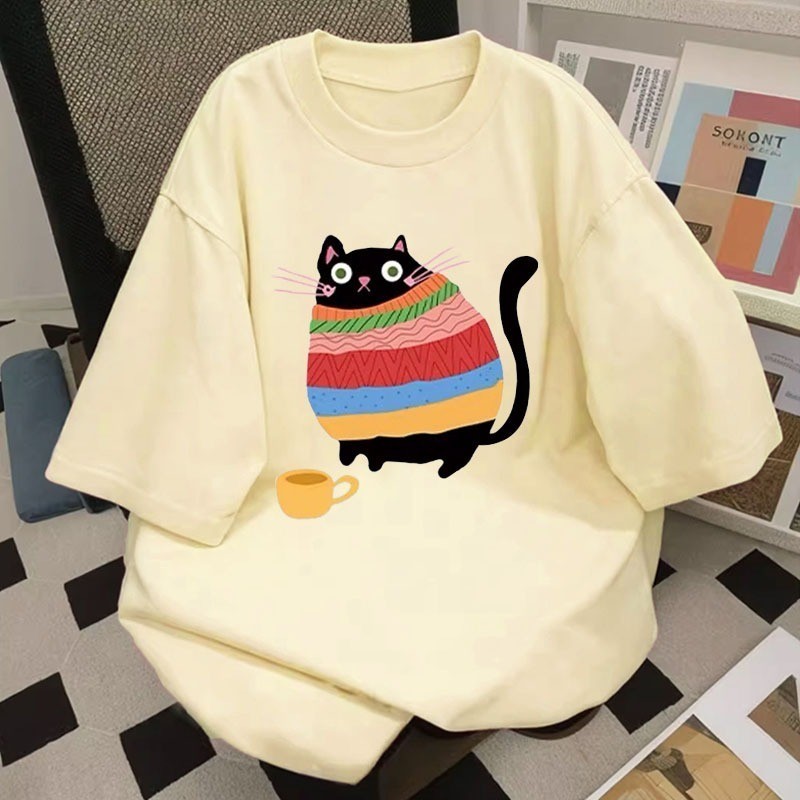 ChillTee📦เสื้อคอกลมoversize ผ้าฝ้ายแท้ เสื้อแฟชั่น เสื้อกีฬา 'Sweater cat' แฟชั่น ใส่สบาย ฤดูร้อน  COD