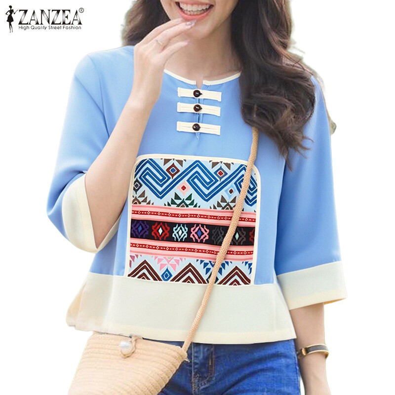 ZANZEA เสื้อลายเรขาคณิตสำหรับผู้หญิง สไตล์เกาหลี ครึ่งแขน ลายพิมพ์สีสดใส