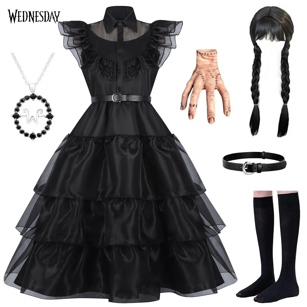 ✨ ✨Adams Family Wednesday cos เสื้อผ้า Wednesday Adams Prom Little Black Dress ชุดคอสเพลย์