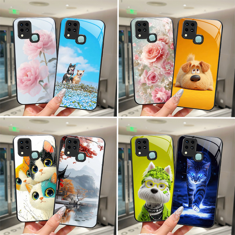 สําหรับ Infinix Hot 10T 10S NFC X689C X689B X689 X689D ยอดนิยมกระจกนิรภัยเคสโทรศัพท์ Infinix Hot10t Hot10s ประณีต Rose น่ารักแมวสุนัขปลอก