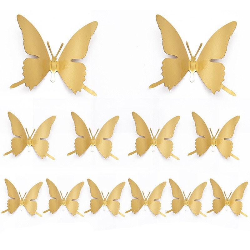 T9J53d ห้องนั่งเล่นจําลองสแตนเลสผีเสื้อกันน้ําโลหะตกแต่งผนังตู้สติกเกอร์สามมิติสติ๊กเกอร์ติดผนังห้าง