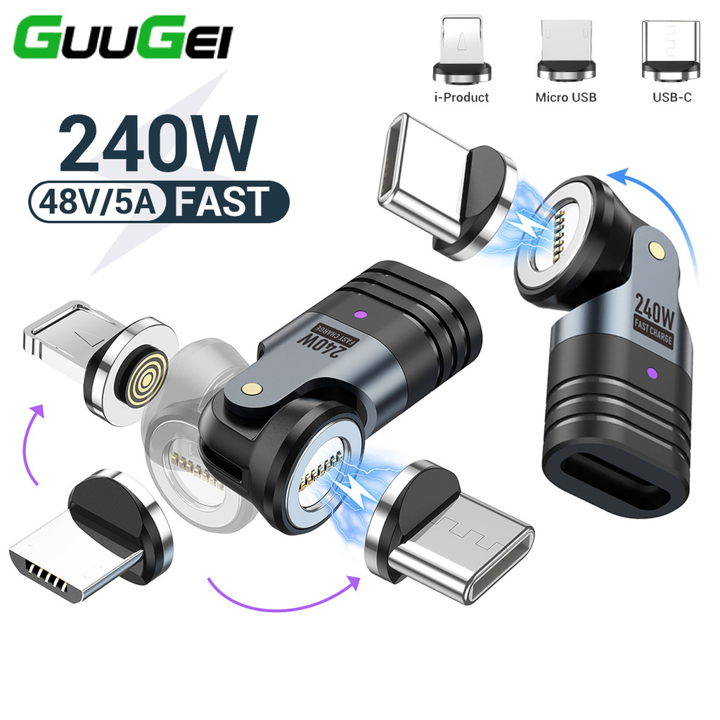 Guugei 240W USB C ข้อศอกอะแดปเตอร์ชาร์จแม่เหล็ก 540° ตัวแปลงการถ่ายโอนข้อมูลการชาร์จ Micro USB IOS แม่เหล็กหมุนได้
