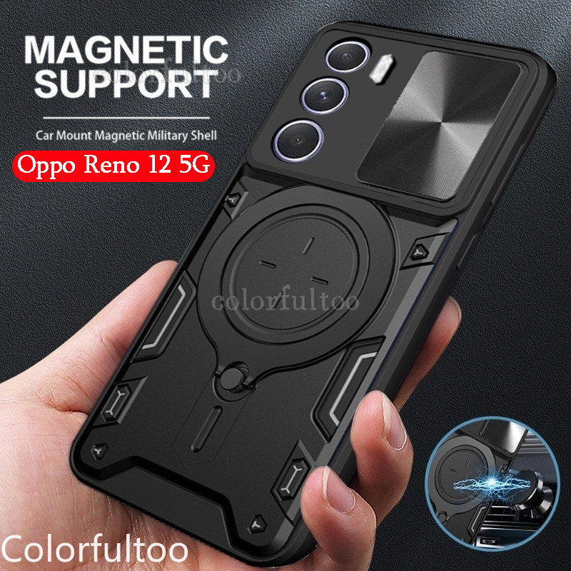 สําหรับoppo Reno 12 11 Pro 11F 12F Reno11F Reno11Pro Reno12Pro 5G 2024 Pushสไลด์กล้องเลนส์ป้องกันฮาร์ดกรณีผู้ถือแหวนแม่เหล็กวงเล็บเกราะกันกระแทกปลอกปกหลัง