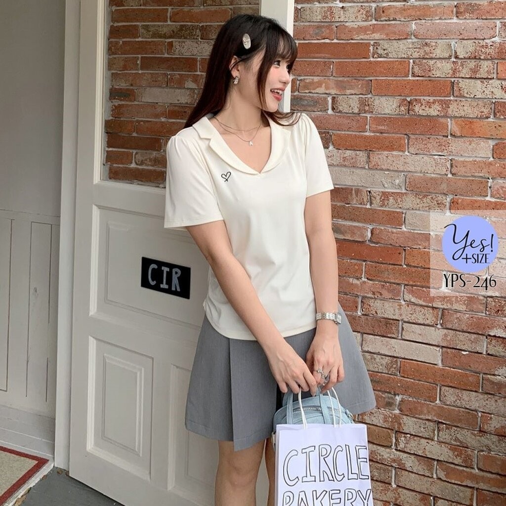 เสื้อยืดแขนสั้นสาวอวบ อก 38-50 นิ้ว เสื้อคอวีปกเล็ก เข้ารูป ปักหัวใจ สีดำ/เทาเข้ม/เขียว/ครีม YPS-246 - รูปที่ 3