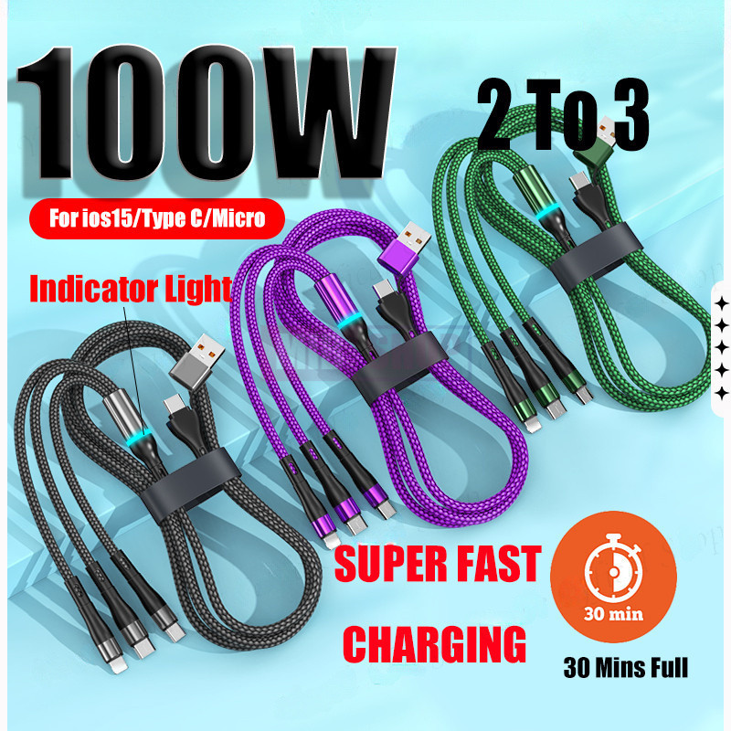 100w 3 in 2 สายชาร์จเร็วพิเศษพร้อมไฟแสดงสถานะสายชาร์จด่วน Type C สาย Micro USB 3 in 1 USB Charger Data Cable