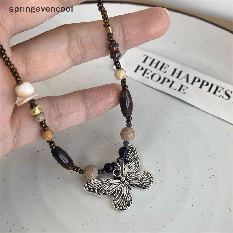 Springevencool Handmade Vintage ผีเสื้อจี้สร้อยคอหินธรรมชาติลูกปัดเชือกถักสร้อยคอสําหรับคนรักผู้หญิงเสื้อกันหนาวเครื่องประดับ Springevencool