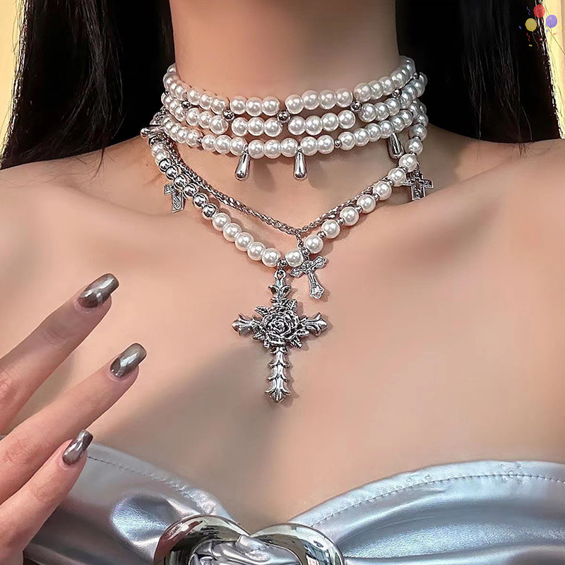 [CO] แฟชั่นส่วนบุคคลหลายชั้นมุกข้ามจี้สร้อยคอโซ่กระดูกไหปลาร้าสําหรับผู้หญิงอารมณ์เครื่องประดับอุปกรณ์เสริมของขวัญ TH