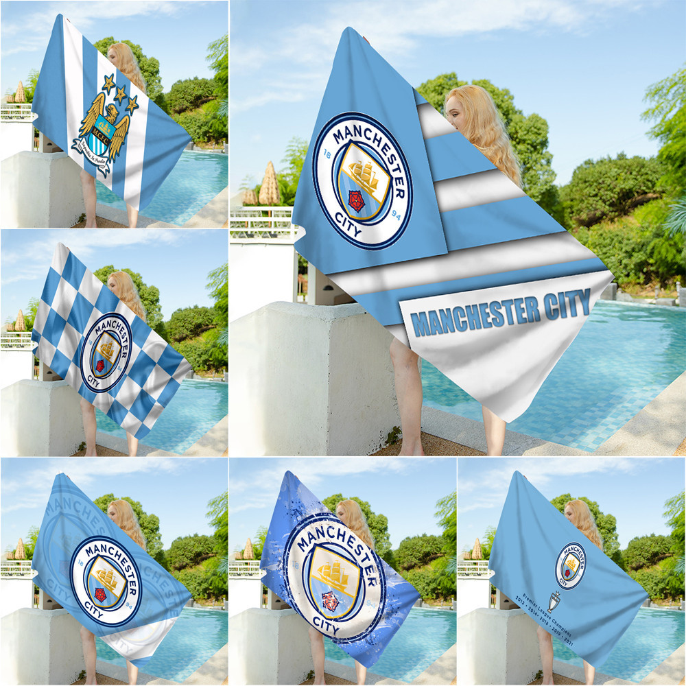 ผ้าขนหนู แบบนิ่ม พิมพ์ลายโลโก้ Manchester City ดูดซับน้ําได้ดี สําหรับห้องน้ํา และชายหาด