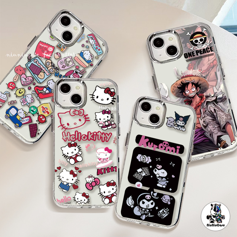 For iPhone 11 13 12 14 15 Pro Max X XS 7 8 Plus XR เคส Hello Kitty Pattern TPU โปร่งใส ซิลิโคนนุ่มกันกระแทก กรอบรูปโลหะ