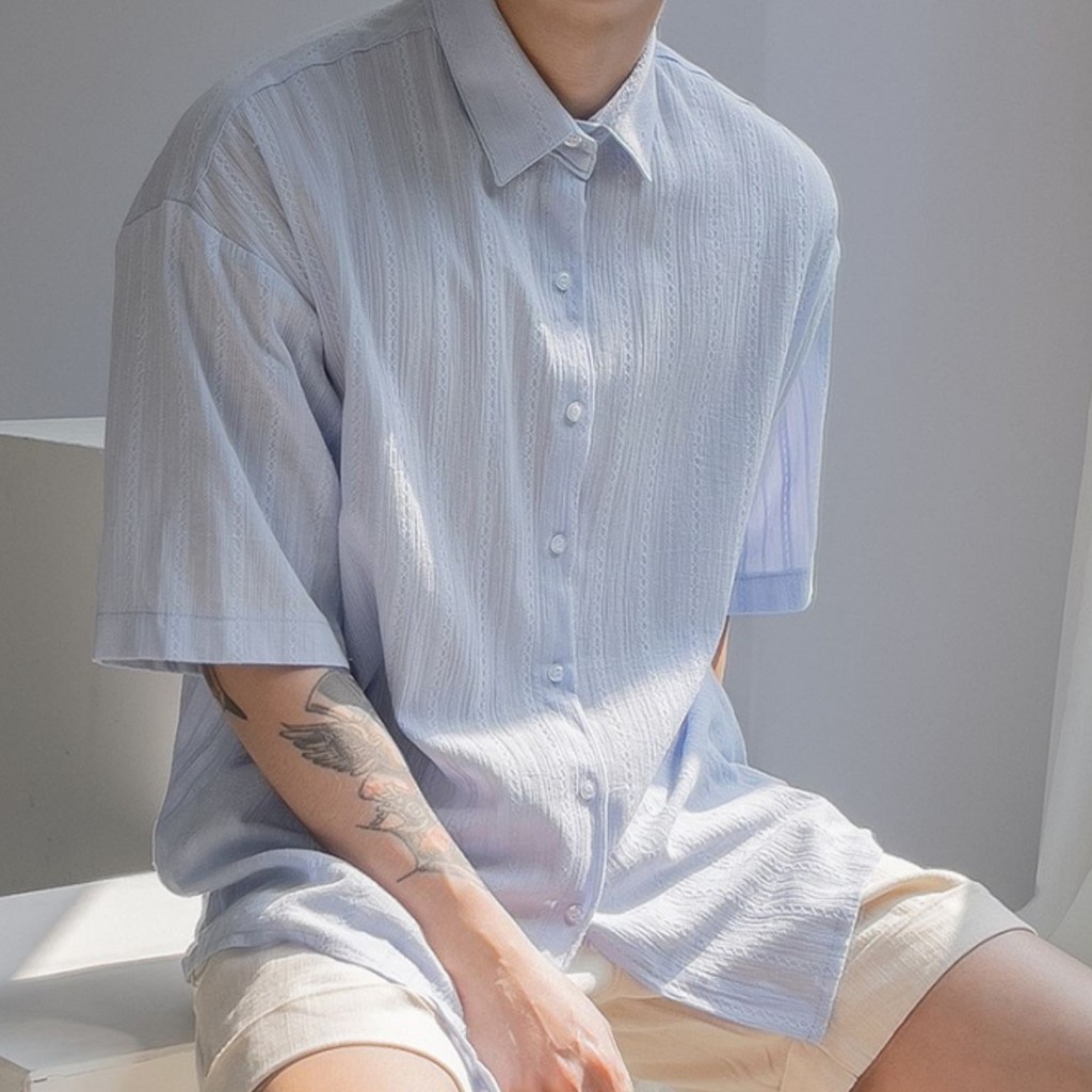 เสื้อเชิ้ตแขนสั้นผู้ชายผ้าหนัก ins ผ้าม่านอินเทรนด์ Niche High-End Feeling Ruffian หล่อหลวมฤดูร้อน