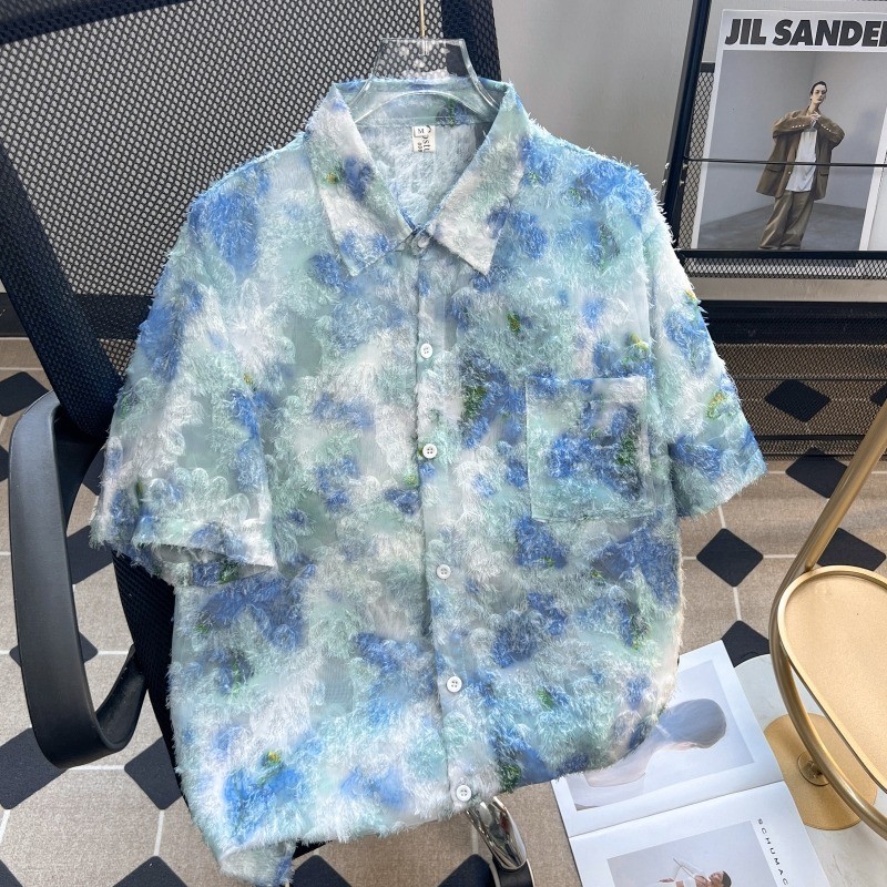 ดอกไม้เสื้อแขนสั้นผู้ชายซอกออกแบบบางสบายๆหลวมอารมณ์พู่กลัวอินเทรนด์ คนพาล หล่อเสื้อ