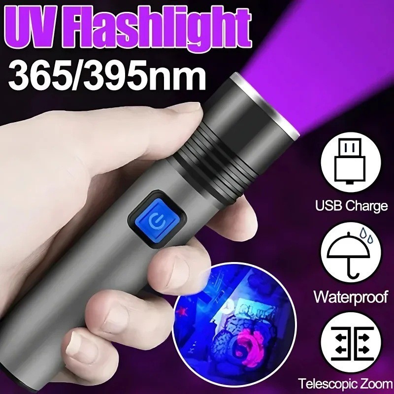 Uv365nm ไฟฉายแบบชาร์จไฟได้แสงสีม่วง 395nm ไฟฉาย UV ที่แข็งแกร่ง Zoomable ไฟฉายพกพา
