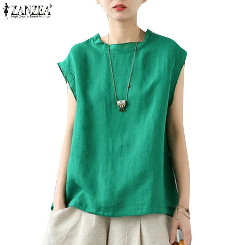 ZANZEA ใส่ ซานเซีย ผู้หญิงเกาหลีลําลองคอกลมแขนสั้นเสื้อหลวม