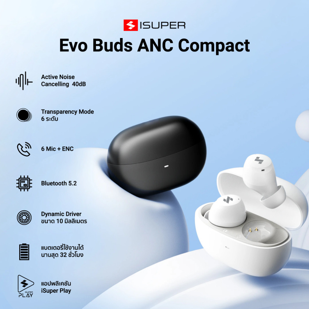 เสียงชัด [ลดเหลือ 879] iSuper Evo Buds ANC Compact หูฟังไร้สาย ตัดเสียงรบกวน 40dB เสียงดีเบสแน่น ไมโ