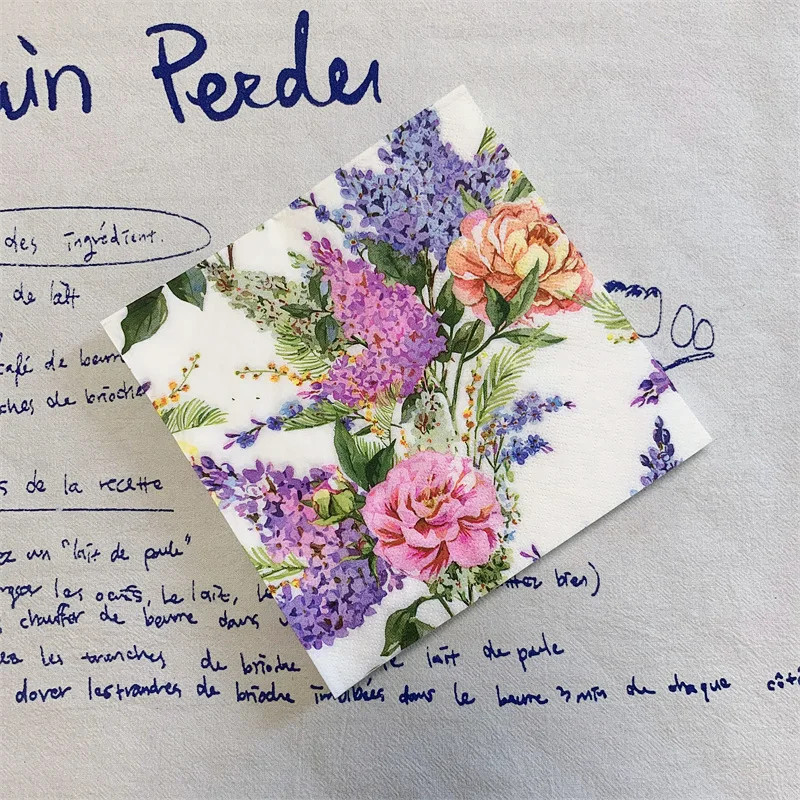 20 ชิ้น/ถุง Pinkish สีม่วง Rose Lavender Decoupage กระดาษผ้าเช็ดปากดอกไม้กระดาษ Servies สําหรับคริสต์มาสวันเกิด Party Tableware Decor