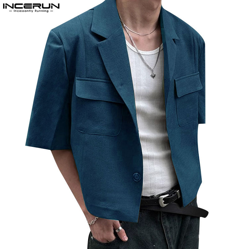ไม่แน่นอน ผู้ชายแฟชั่นเกาหลีสีทึบแขนสั้นลําลองกระเป๋า เสื้อสูทแฟชั่น