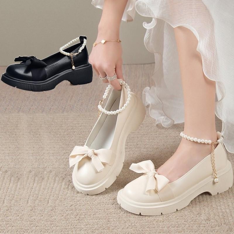 ขนาด 35-40 ผู้หญิงหนา Soled Mary Jane รองเท้า Pearl Bow Slip บนรองเท้าหนังแฟชั่นรองเท้าแตะ