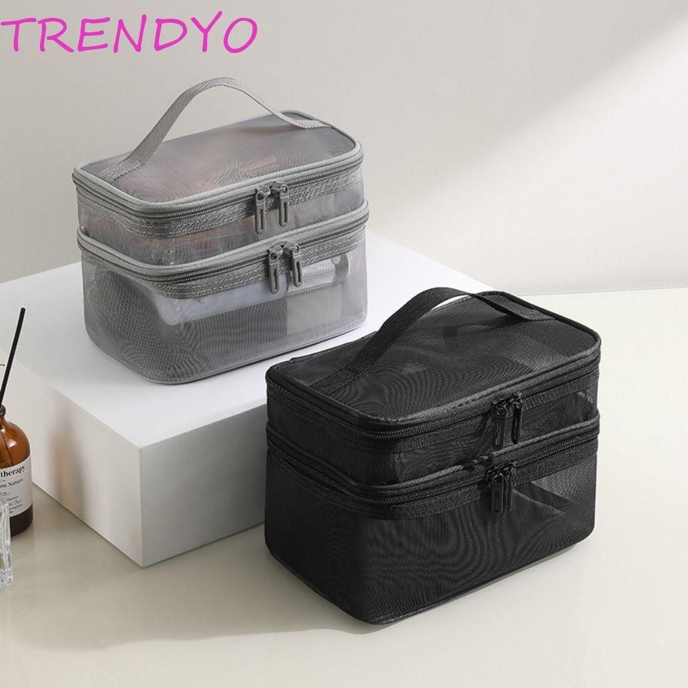 Trendyo กระเป๋าเครื่องสําอางตาข่าย, ซิป 1/2/3 ชั้นถุงเก็บสองชั้น, กรณีเครื่องสําอางที่เรียบง่ายโปร่งใส INS มุมมองกระเป๋าแต่งหน้าเดินทาง