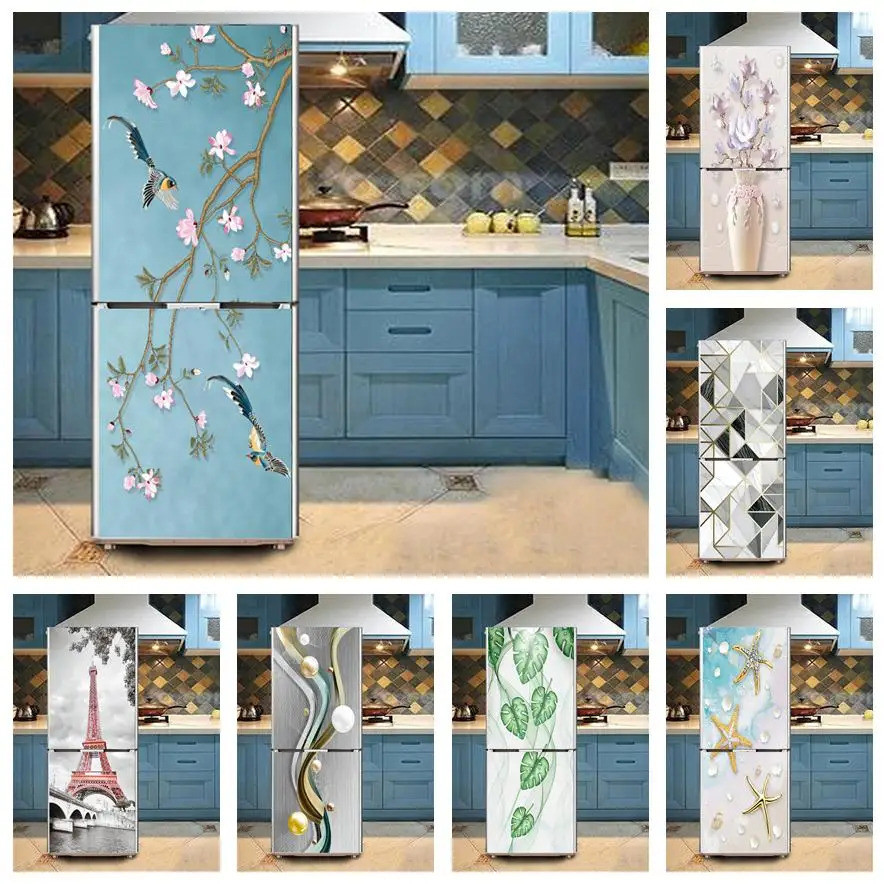 Custom ดอกไม้นก 3D สติกเกอร์ตู้เย็นสําหรับกันน้ําวอลล์เปเปอร์ห้องครัวเฟอร์นิเจอร์ตกแต่งโปสเตอร์ประตูภาพจิตรกรรมฝาผนังฝาครอบ Decals