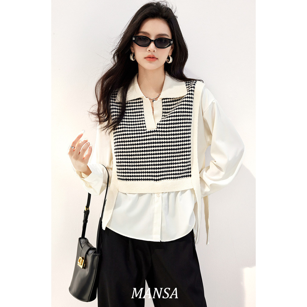 MANSA plaid fake two-piece shirt เสื้อ ผู้หญิง เสื้อโอเวอร์ไซส์ เสื้อผ้าแฟชั่นผู้หญิง
