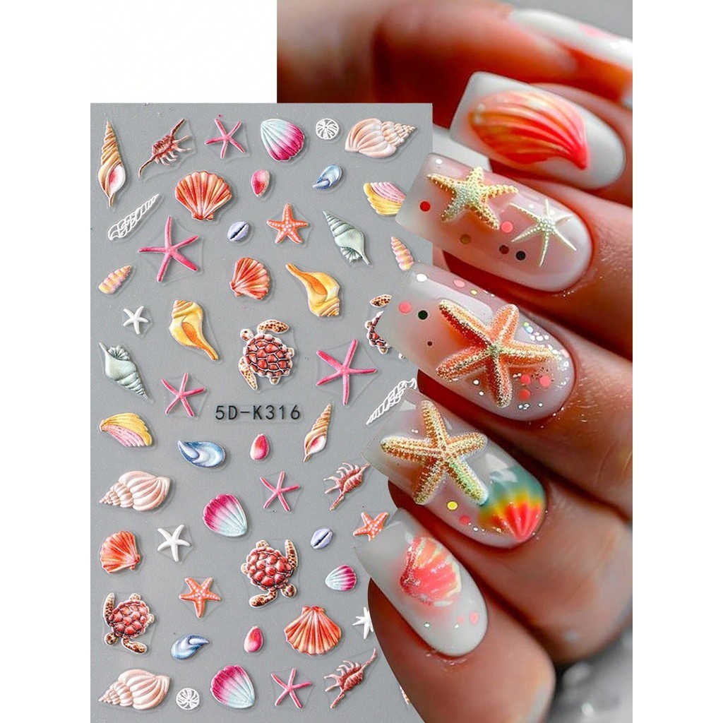 5D สติ๊กเกอร์ติดเล็บ Oceanic Shellfish Waves ตกแต่ง Art Slider Holographic Self-Adhesive เคล็ดลับ De