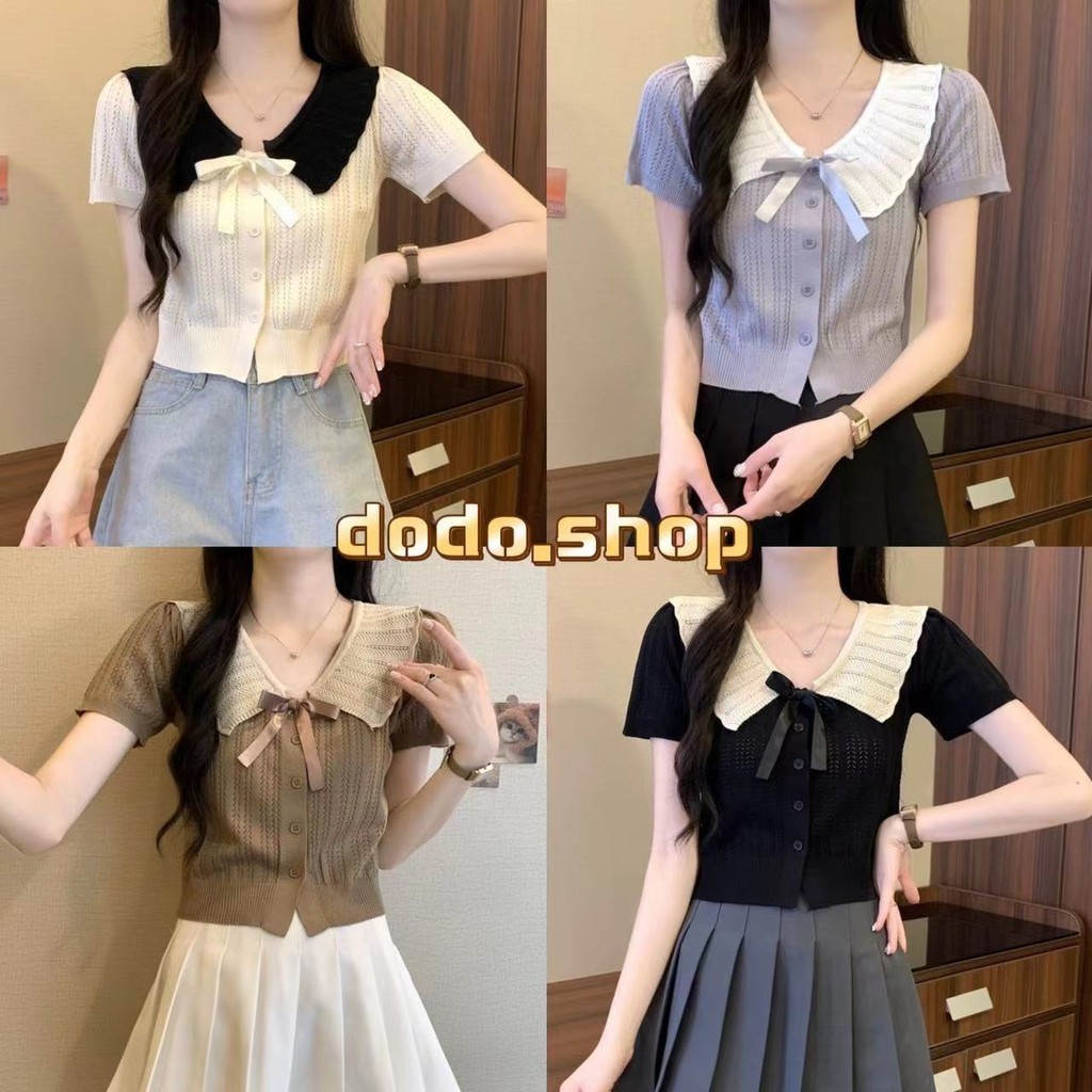 DODO⭐️เสื้อไหมพรมแขนสั้น แต่งระบายที่คอติดเข็มกลัดโบว์เก๋ๆ จั้มเอวเล็กน้อยผ้าใส่สบาย (X029)