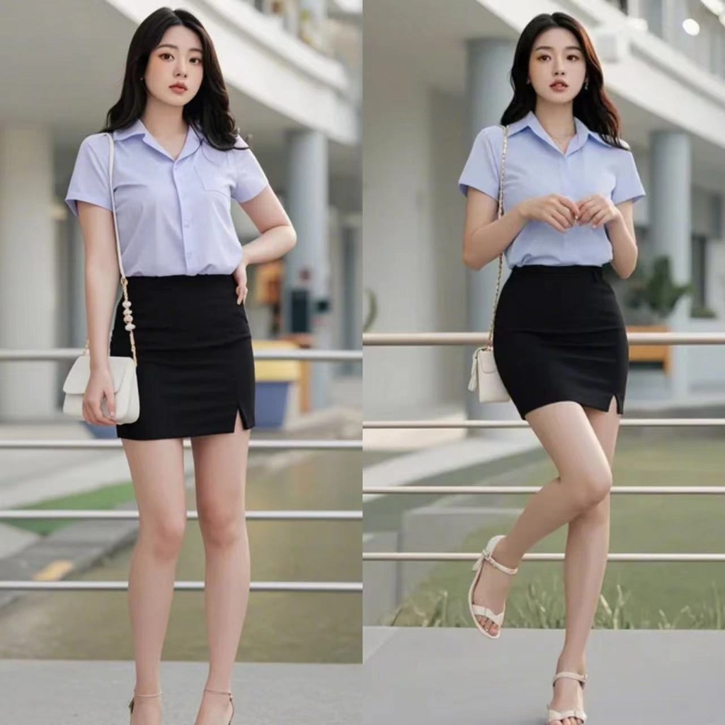 กระโปรงนักศึกษาทรงเอ (ผ่าหน้า-ผ่าหลัง) ยาว14-16-18-20 ผ้ายืดฮานาโกะสีดำ