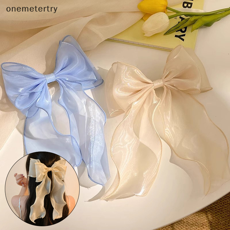 Onem หวานชีฟองโบว์คลิปผมสาวสีฟ้า Shining Sa Bowknot คลิปผมริบบิ้นโบว์ Barrette Hairpin Grip หางม้าคลิป Headwear n