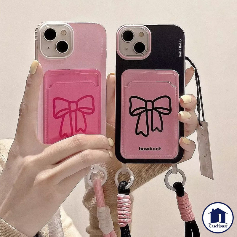 เคสใส่บัตรพร้อมสายคล้องแบบผูกโบว์เรียบง่าย เข้ากันได้กับ IPhone 7 Plus 11 14 15 12 16 13 Pro Max XR X 14 15 Plus XS Max