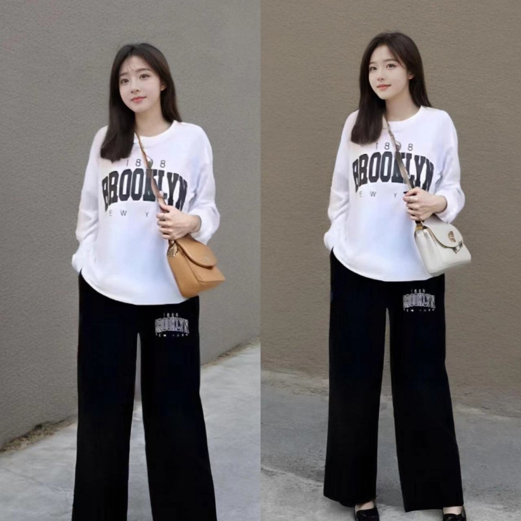 เสื้อแขนยาว+กางเกงขายาวผ้าลายตัวอักษรสไตล์สตรีท ชุดเชต์ผู้หญิงที่ดูเท่ห์และทันสมัย